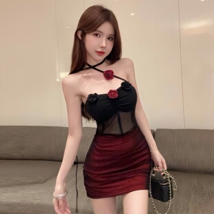 暗夜红玫瑰*挂脖抹胸连衣裙心机辣妹修身显瘦背心包臀裙酒吧gogo