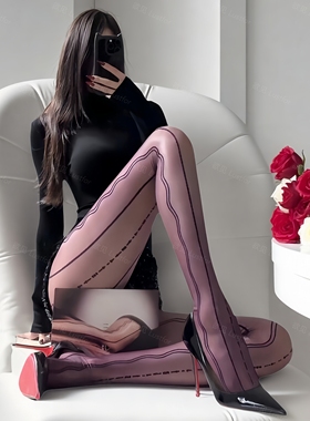 欲见*电波丝袜竖条纹蕾丝提花连裤袜性感极光油亮御姐打底黑丝袜