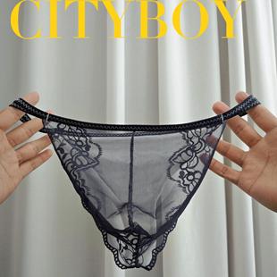 轻松柔软不勒裆男人性感诱惑T裤 男士 透明蕾丝花边低腰宽边丁字裤