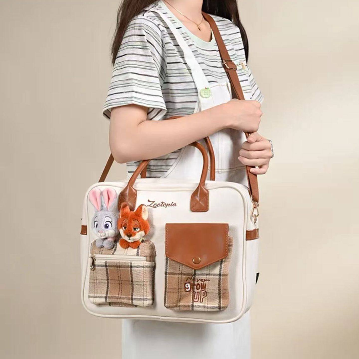 迪士尼疯狂动物城维尼熊毛绒斜挎包朱迪尼克帆布大容量手提单肩包