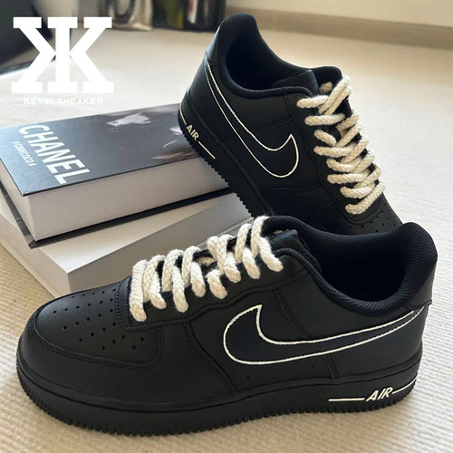 球鞋定制Nike耐克Air Force1黑武士双钩时尚低帮板鞋