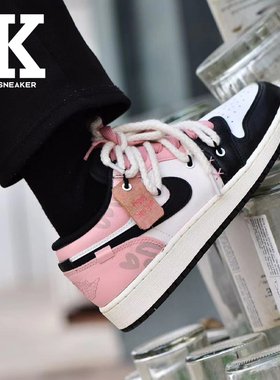 球鞋定制JordanAirJordan1兔年手绘涂鸦低帮复古篮球鞋GS黑白粉