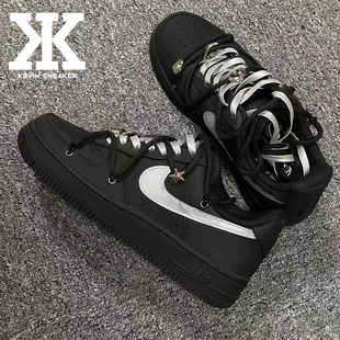 球鞋定制Nike耐克AirForce1Low黑武士摩登黑银哑光解构低帮板鞋