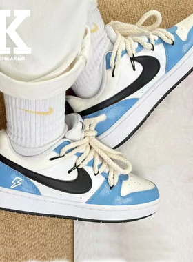 球鞋定制NikeCourtBoroughLow云霄闪电蓝色云朵低帮板鞋GS白蓝