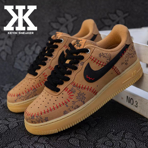 球鞋定制Nike耐克Air Force1花卉缝补街头不对称废土风低帮板鞋