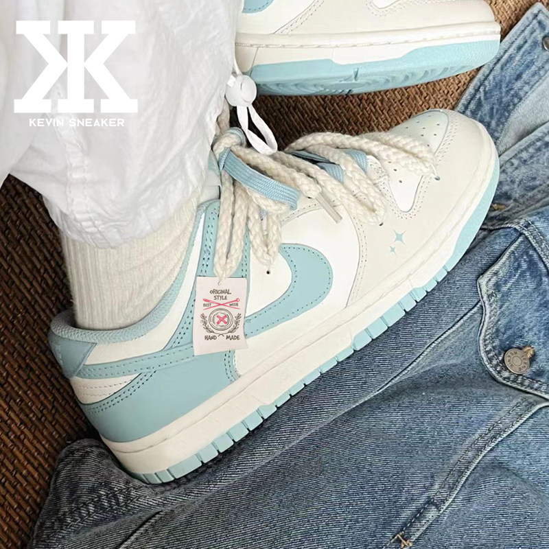 球鞋定制Nike Dunk Low蓝色陨星清新手绘布贴星芒麻绳低帮女板鞋