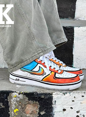球鞋定制NikeAirForce1Low空军动漫涂鸦手绘低帮板鞋男款橙黄蓝