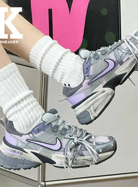 球鞋定制Nike耐克V2KRun紫色星际机能风甜酷感液态银低帮跑步鞋