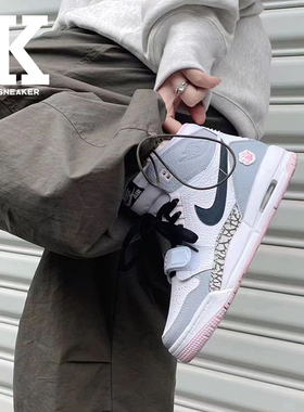 球鞋定制JordanLegacy 312气泡水母瞌睡小猫高帮复古灰粉白篮球鞋