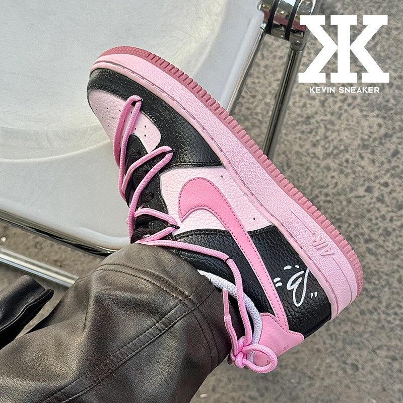 球鞋定制Nike耐克Air Force1空军一号甜心辣妹低帮板鞋女款黑粉