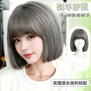 短发假发女全头套真发无痕一刀切日常真人发丝蓬松自然蕾丝假发套