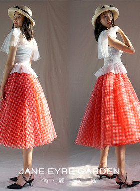 简爱花园  新款红色格子网纱复古风A字款蓬蓬半身裙S263