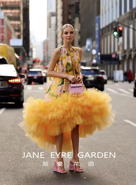 简爱花园◆明星邱天刘玉玲同款黄色印花A字前短后长连衣裙JA175