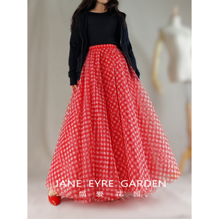 简爱花园 蓬蓬半身裙女A字型百褶裙JA429 复古红格子网纱长款