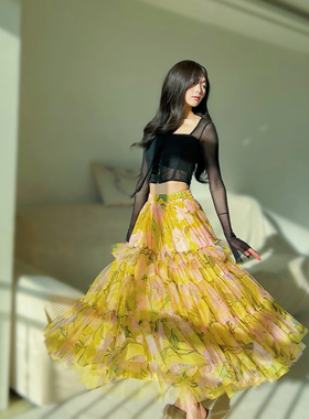 简爱花园◆设计感黄色印花半身裙中长款蓬蓬塔裙A字大摆纱裙JA276