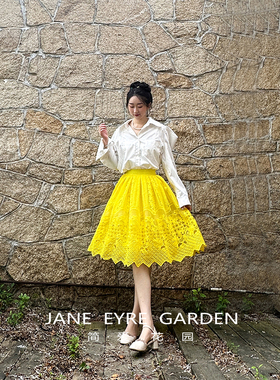 简爱花园◆高腰显瘦A字黄色蕾丝中长款半身裙仙女裙百褶裙JA183