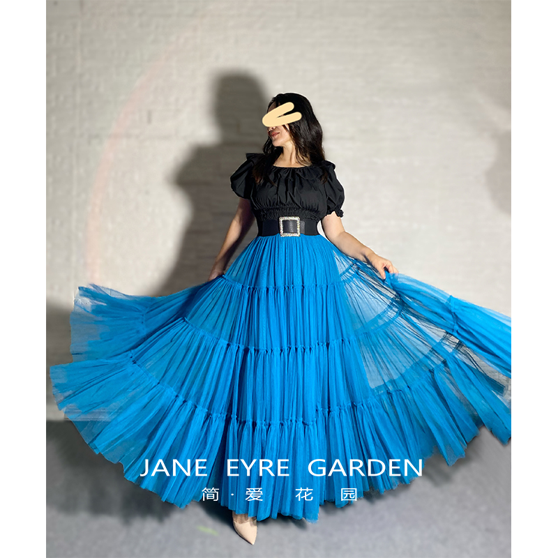 蓝色网纱拼接长款两穿大摆半身裙