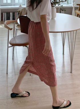 红色格子亚麻半身裙女中长款夏季2026新款高腰松紧包臀显瘦一步裙
