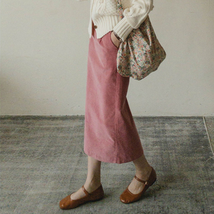 粉色灯芯绒包臀裙女秋冬新款韩版高腰松紧中长款开叉裙百搭直筒裙