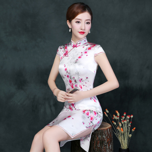 旗袍短款2024春夏新款真丝旗袍裙复古改良版修身桑蚕丝连衣裙少女
