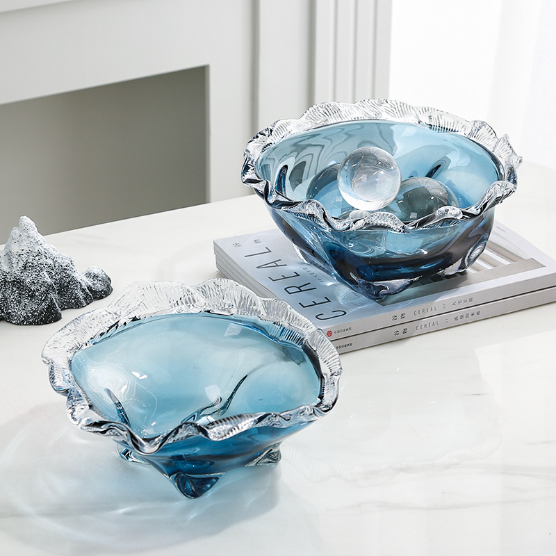 手工琉璃蓝色花边异形水果盘客厅