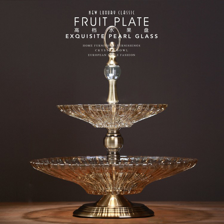 欧式轻奢双层水晶玻璃水果盘糖果盘样板间餐桌托盘新中式干果盘