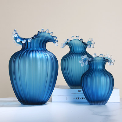 简约蓝色波浪玻璃花瓶可水培客厅样板间售楼处装饰品花器插花摆件