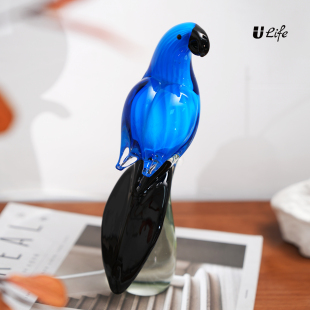艺术混彩琉璃鹦鹉鸟摆件手工吹制玄关客厅样板间酒店轻奢软装 饰 装