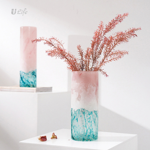 樱花粉琉璃蓝色冰晶花瓶摆件现代简约客厅样板工艺品摆设装 饰品