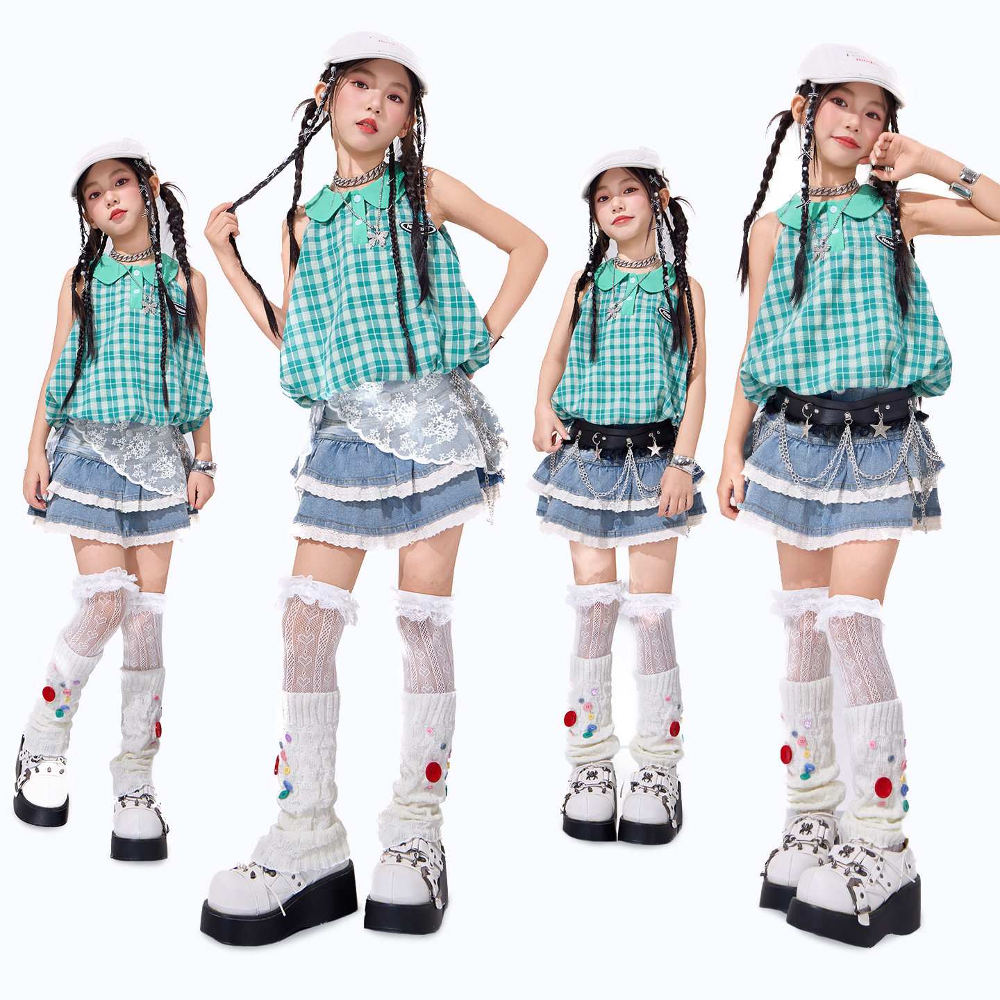 女团街舞潮服嘻哈hiphop炸街牛仔短裙女童模特走秀个性爵士舞套装