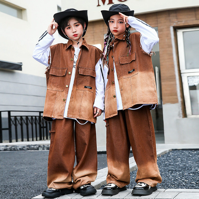 元旦儿童演出服hiphop街舞童装男童定制风潮牌套装渐变牛仔服装酷