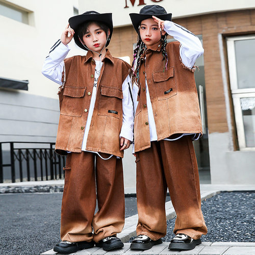 元旦儿童演出服hiphop街舞童装男童定制风潮牌套装渐变牛仔服装酷