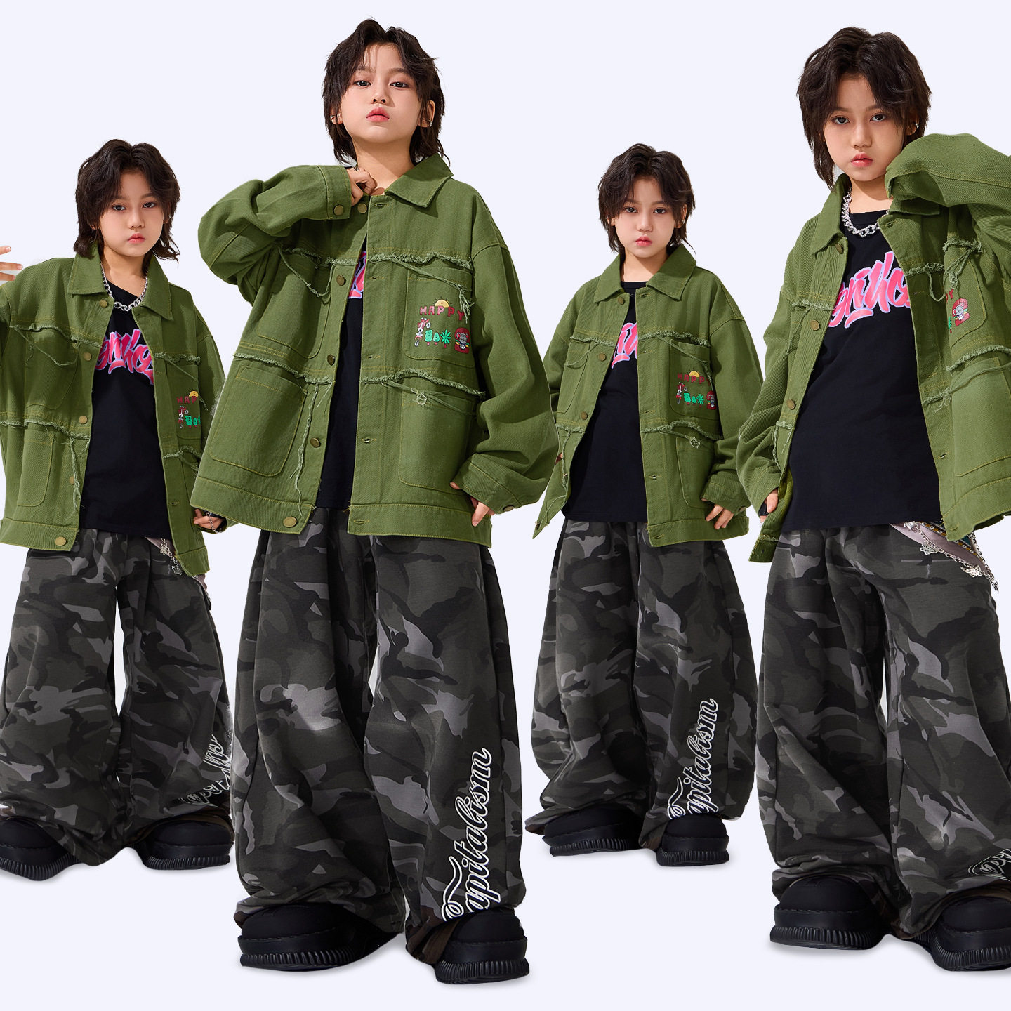 街舞儿童潮服少儿嘻哈时髦酷帅绿色牛仔服儿童hiphop舞蹈走秀表演