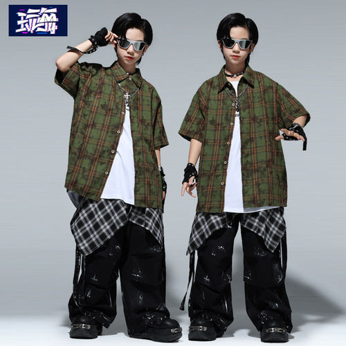 街舞儿童潮服嘻哈男童短袖衬衫套装酷帅少儿架子鼓hiphop表演出服