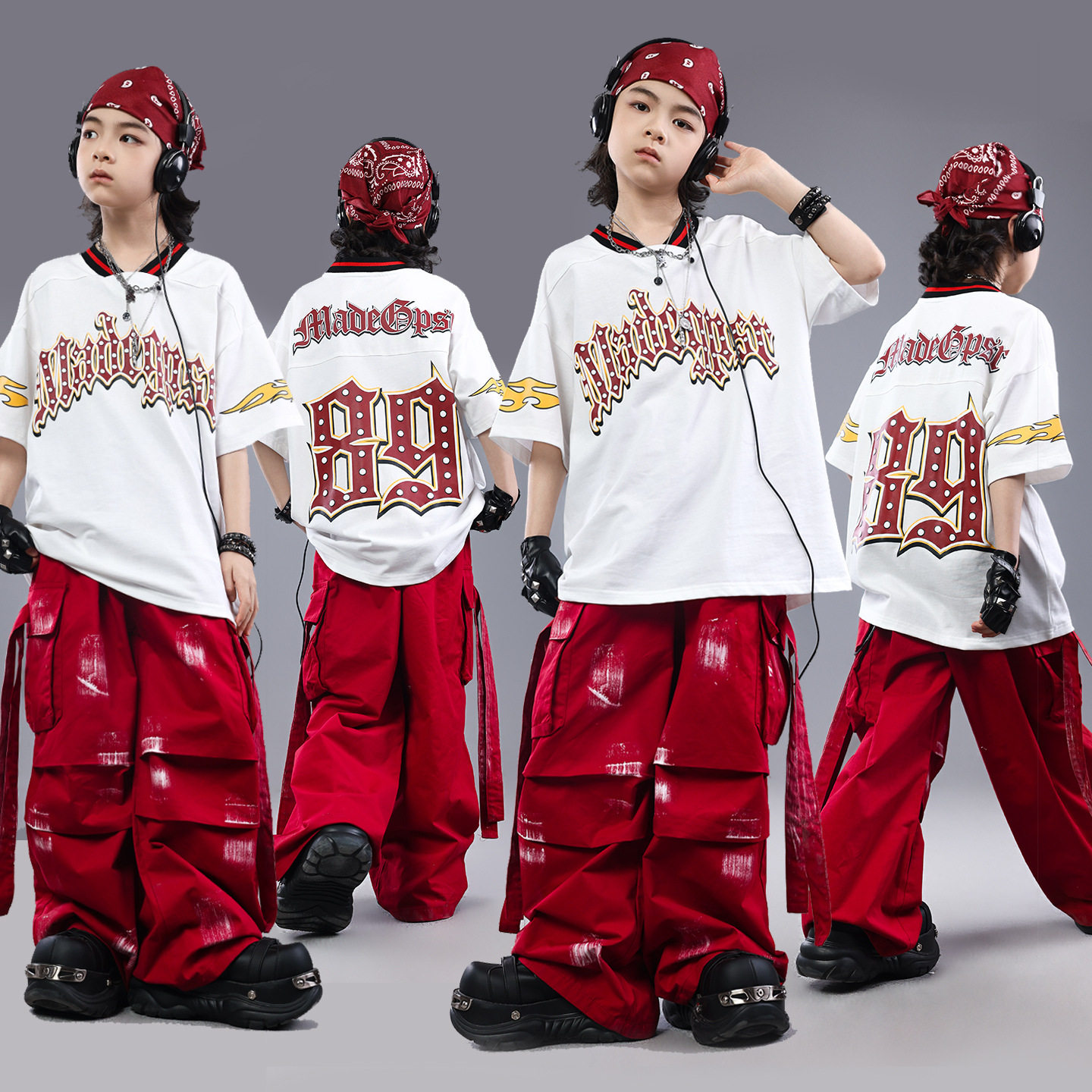街舞儿童潮服男童嘻哈宽松红色套装少儿hiphop童装架子鼓演出服酷