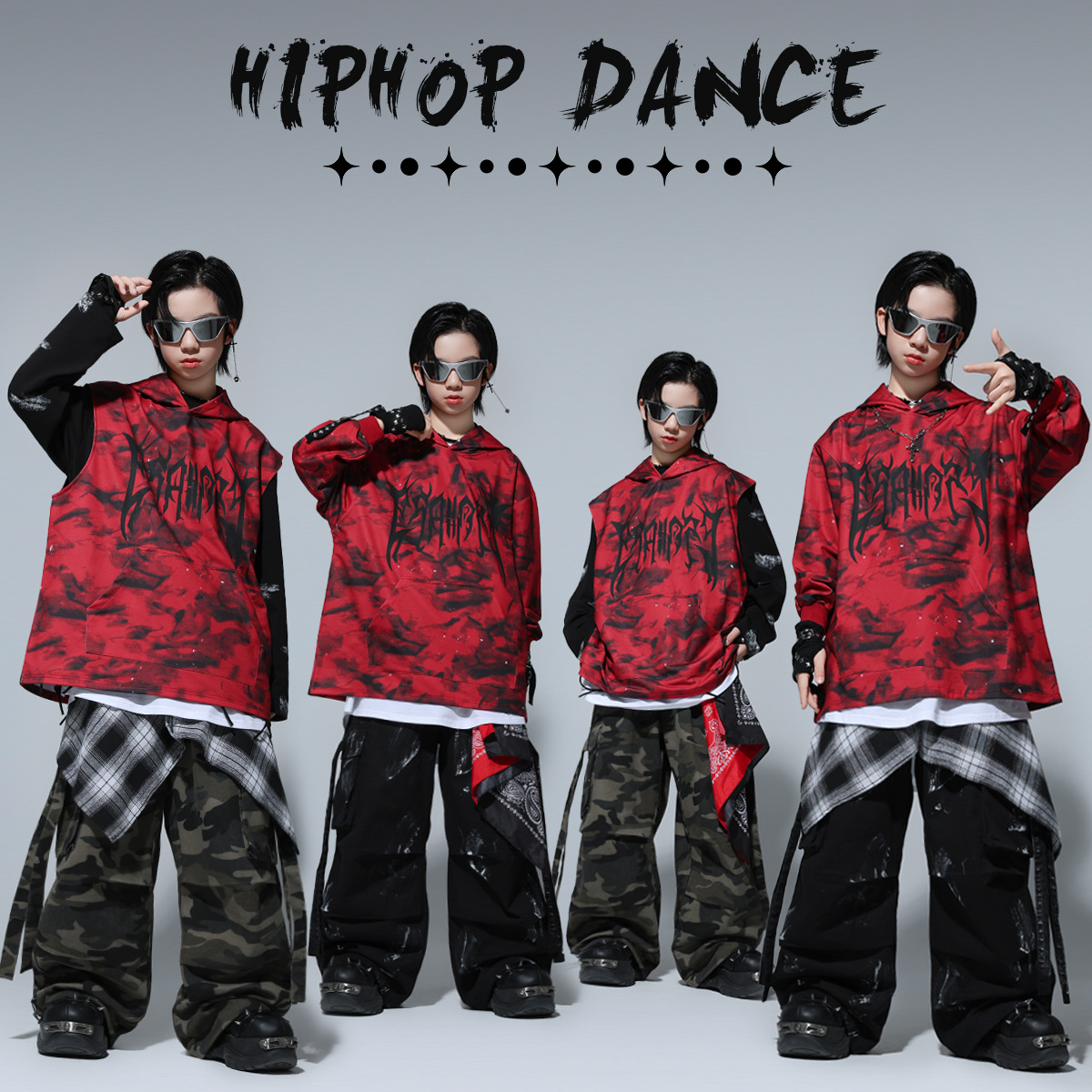 儿童街舞演出潮服hiphop男童连帽马甲套装少儿架子鼓嘻哈表演服装