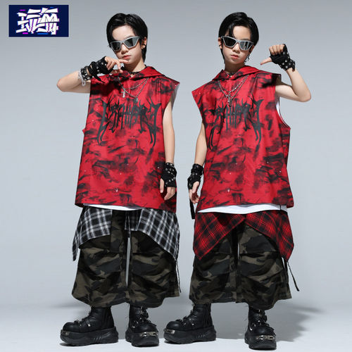 街舞儿童潮服酷帅男童连帽背心套装hiphop少儿架子鼓表演出服装夏