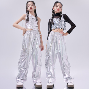 女童爵士舞服装银色亮片潮酷炸街儿童jazz走秀演出服架子鼓