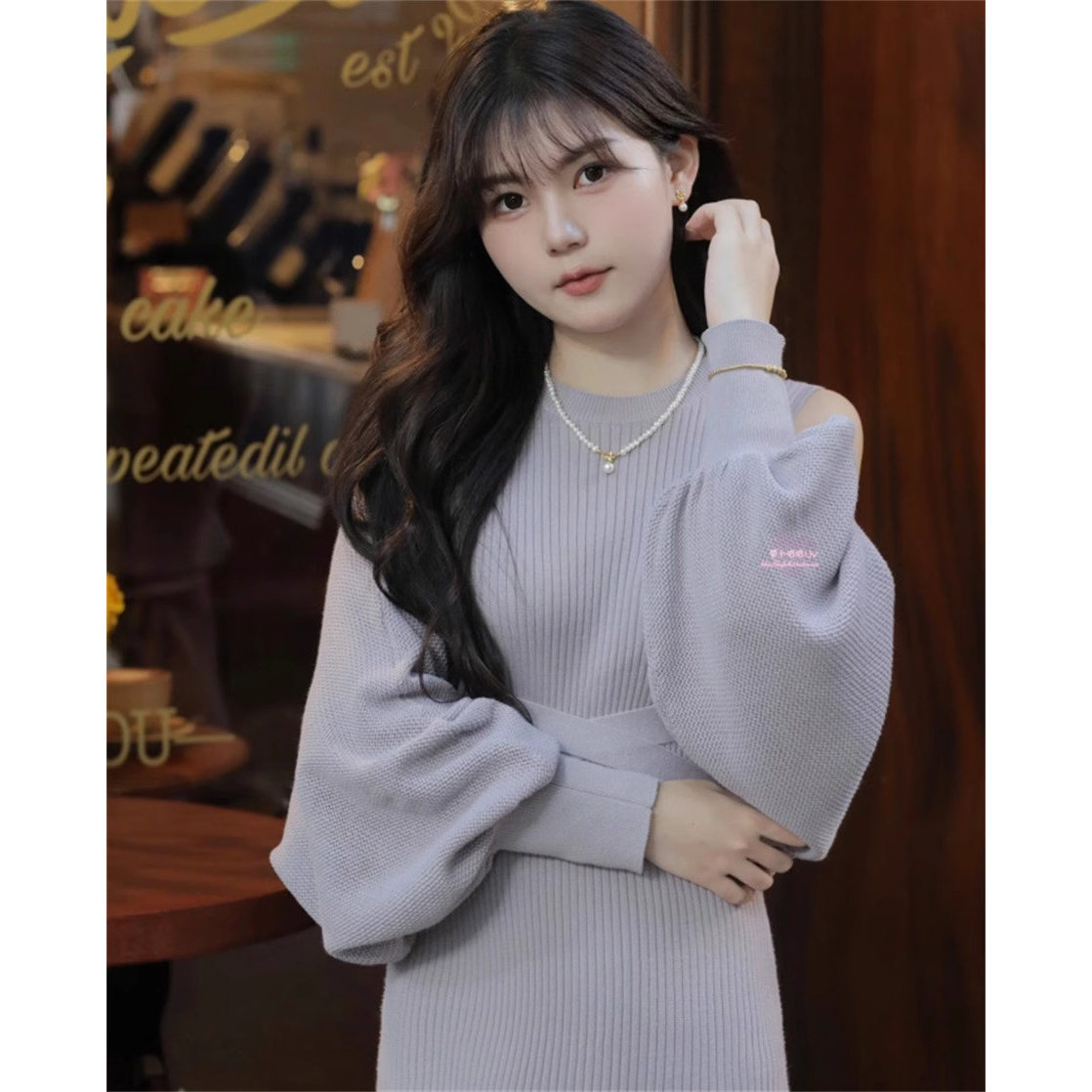 连衣裙套装针织纯色甜美绑带包臀