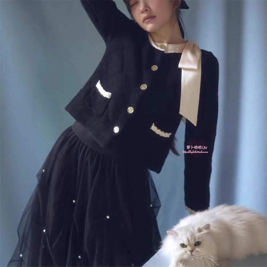 法式小香风菱格金属扣针织开衫