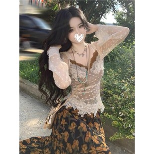 秋冬装 早秋季 黄色碎花连衣裙女2025新款 法式 打底长裙 蕾丝拼接长袖