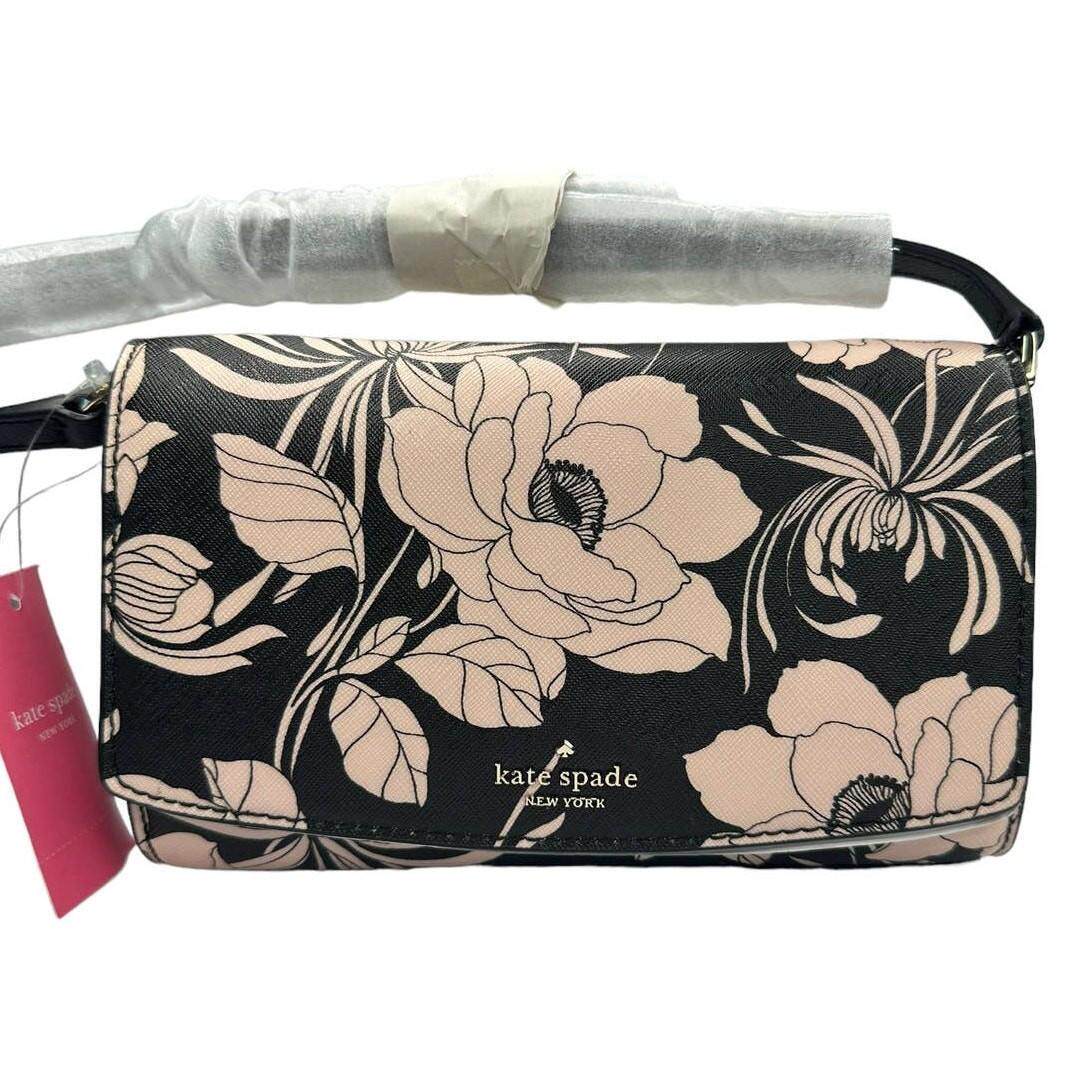Kate Spade Gardenia Floral印花Addison手拿斜挎包黑色