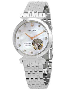 美国代购宝路华Bulova 96P222女手表Regatta自动机械镶钻白色表盘