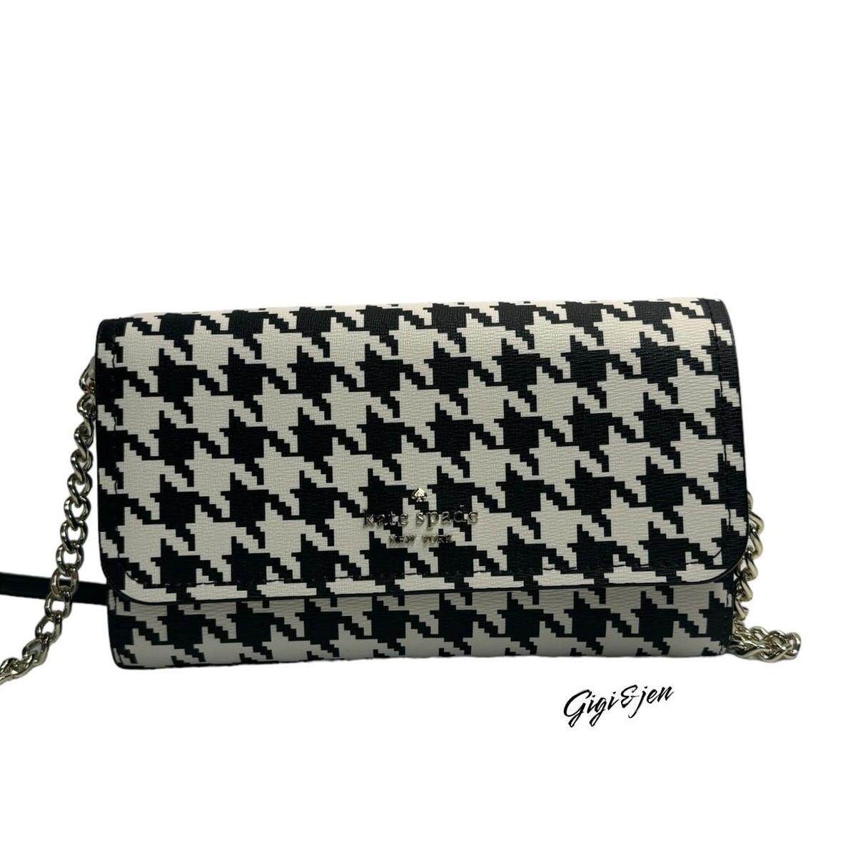 Kate Spade Darcy链钱包斜挎包手拿黑色白色houndstooth
