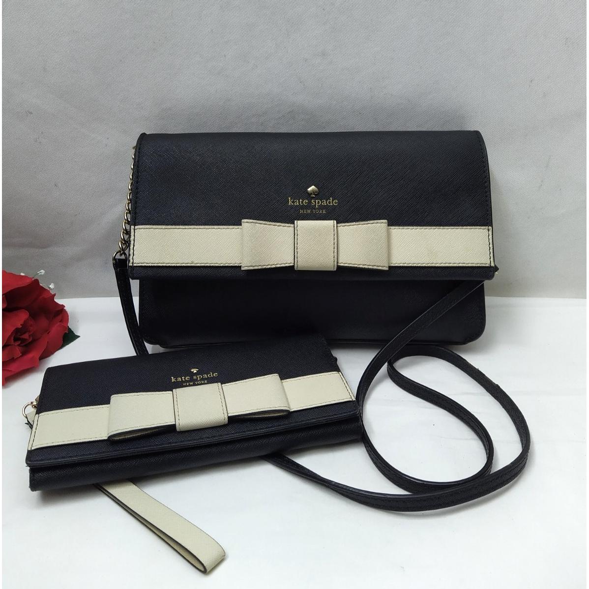 kate spade new york通用款女包黑色真皮Bow条纹翻盖