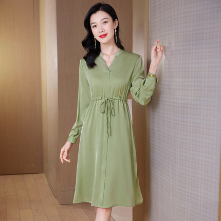 阿舍尔春夏桑蚕丝真丝连衣裙女长袖V领系带高端收腰显瘦中长款裙