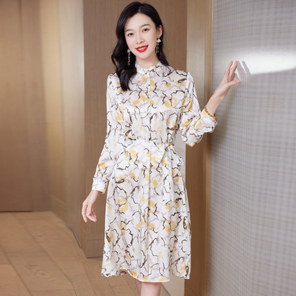 阿舍尔桑蚕丝真丝连衣裙女装通勤风印花长袖收腰A字裙中长款裙子