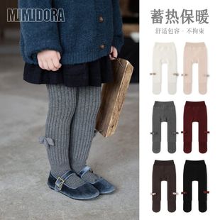袜蝴蝶结大PP纯色儿童裤 宝宝加厚保暖连裤 袜 女童加绒打底裤 秋冬季