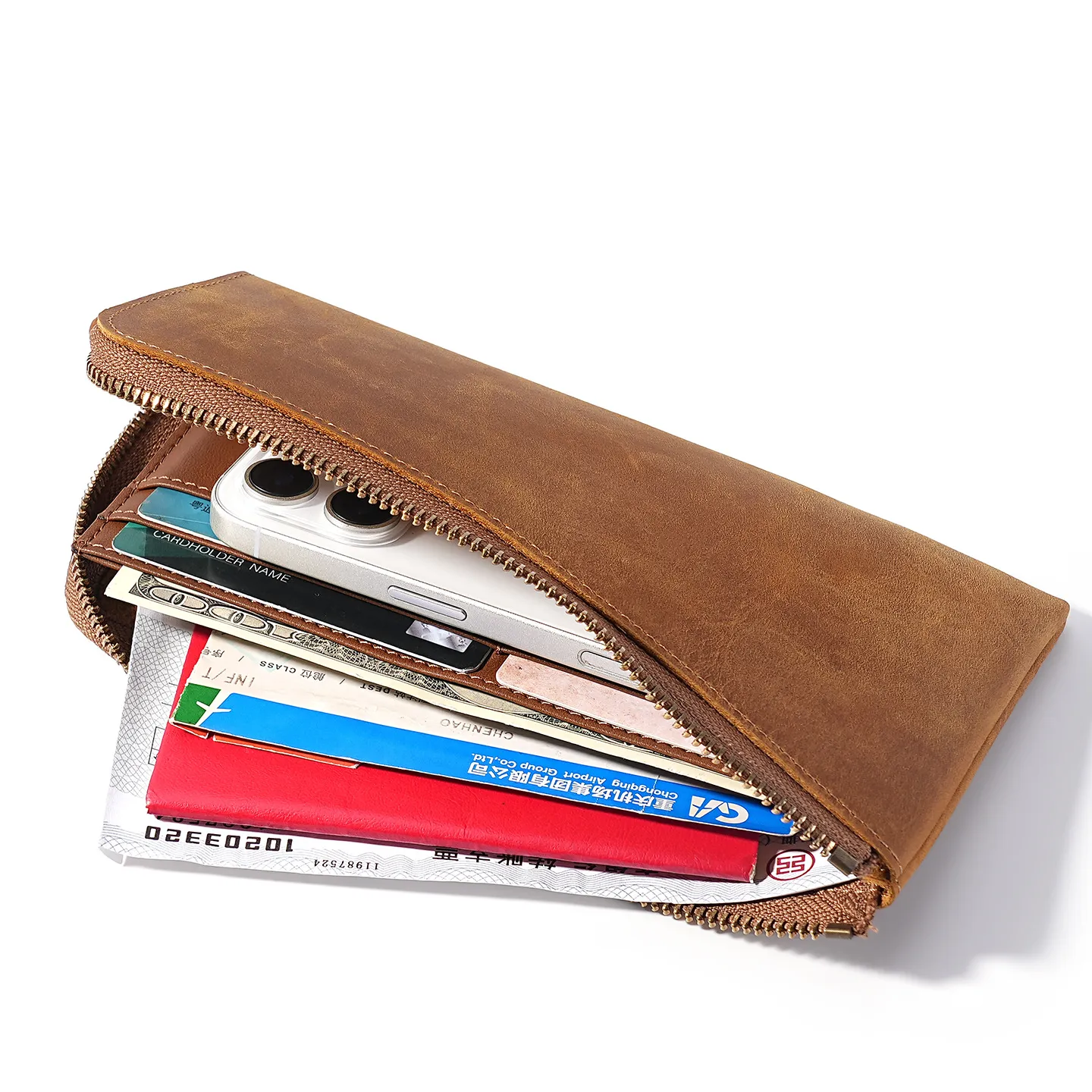 整张牛皮切割疯马皮男女通用长款钱包头层牛皮大容量证件卡包皮夹