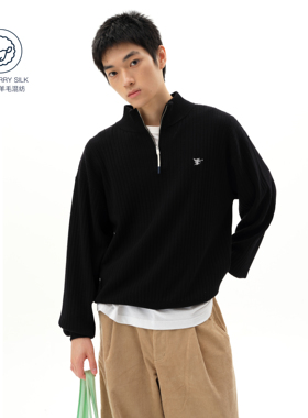 roaringwild a arch 咆哮野兽 黑色立领宽松上衣半拉链套头毛衣男